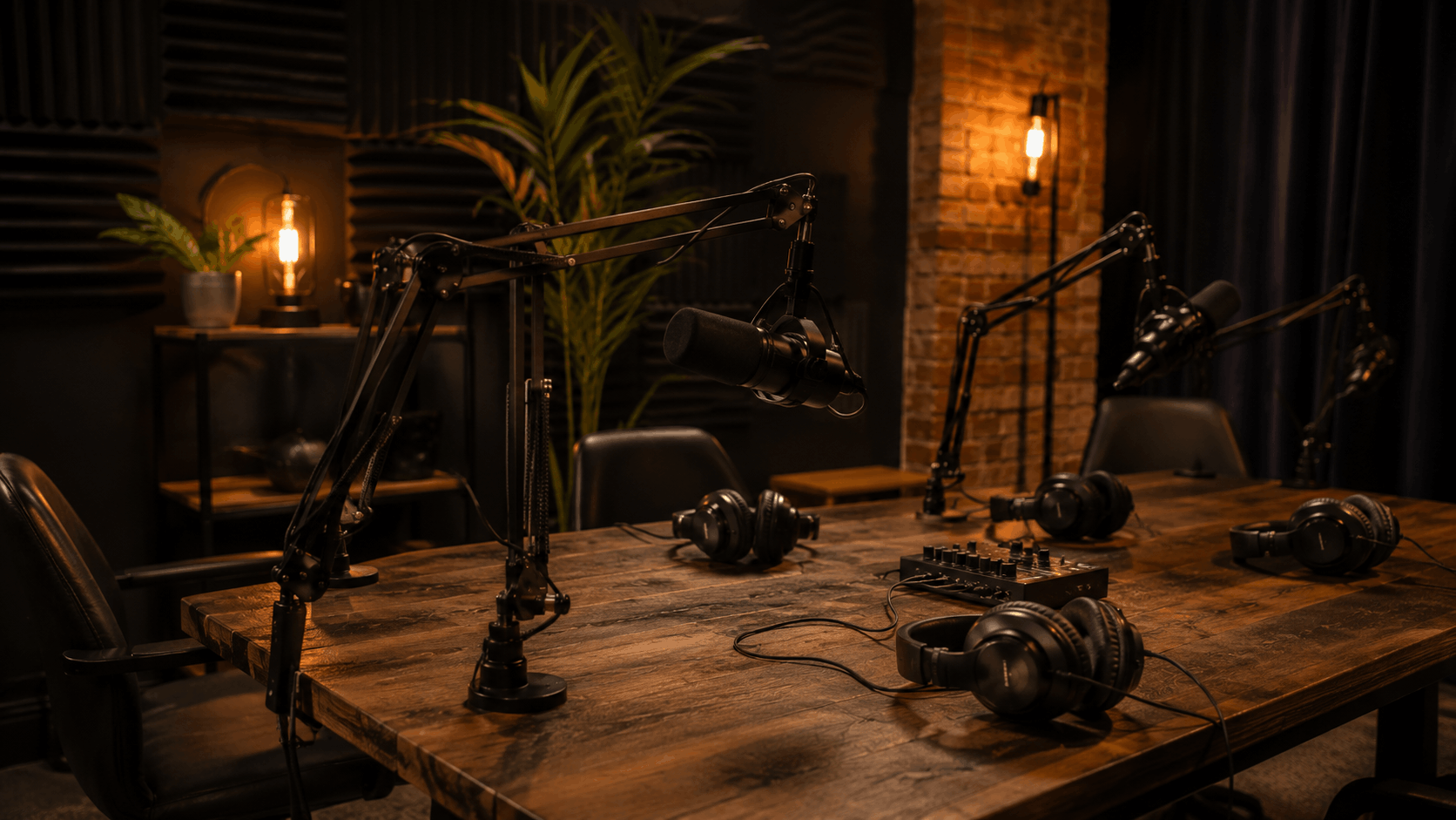 Studio podcast brut et chaleureux à Bruxelles avec micros broadcast et lumière ambrée