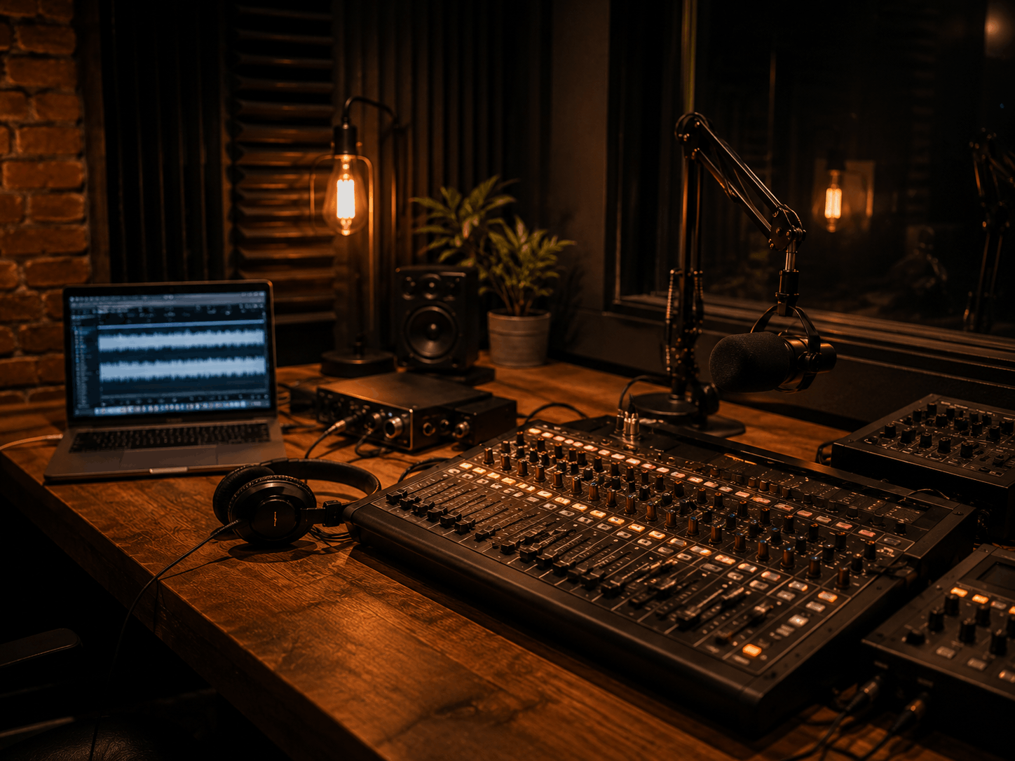 Poste de régie audio avec interface, waveform et notes de session