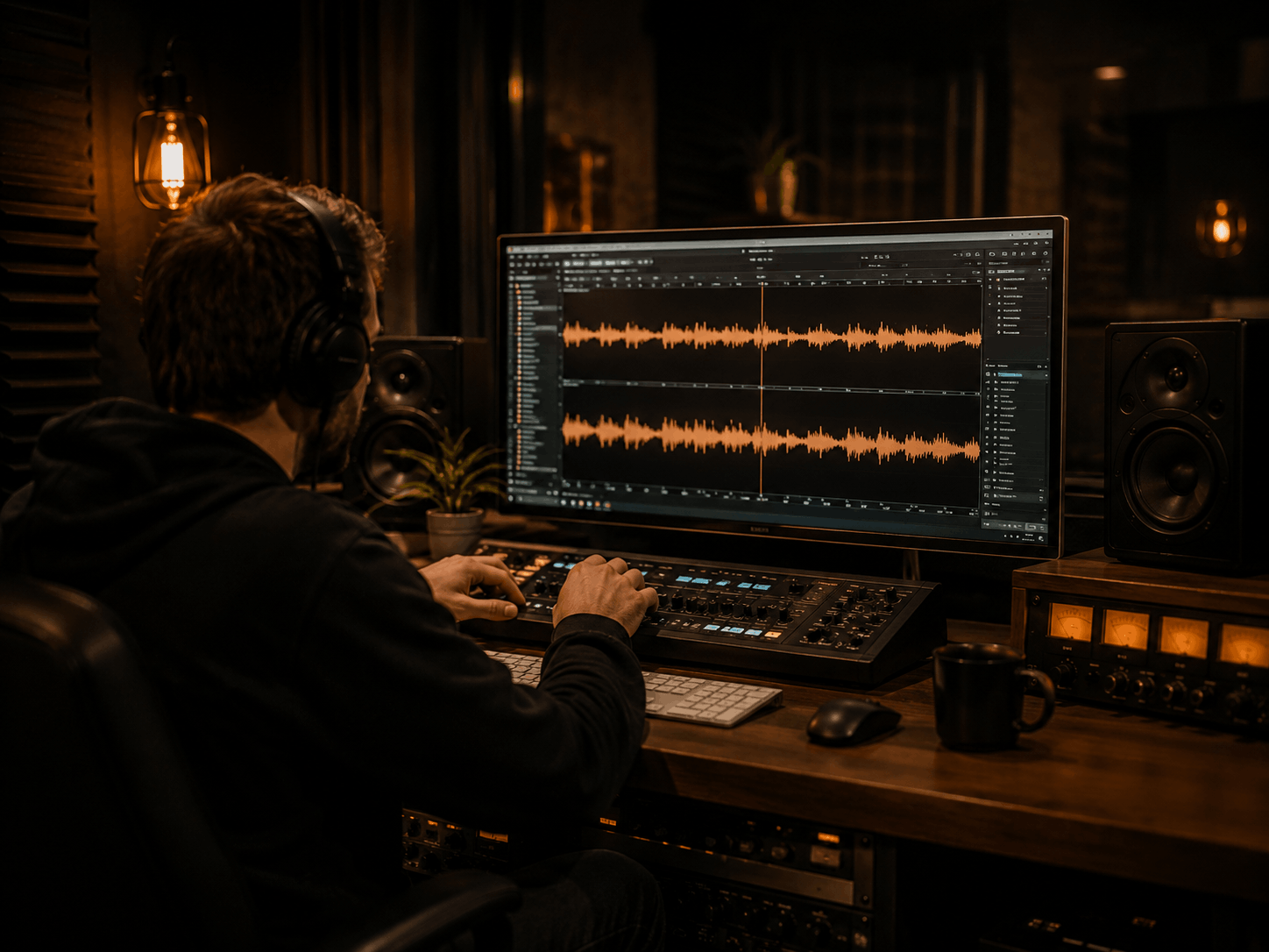 Montage audio avec waveform ambrée sur écran dans une régie sombre