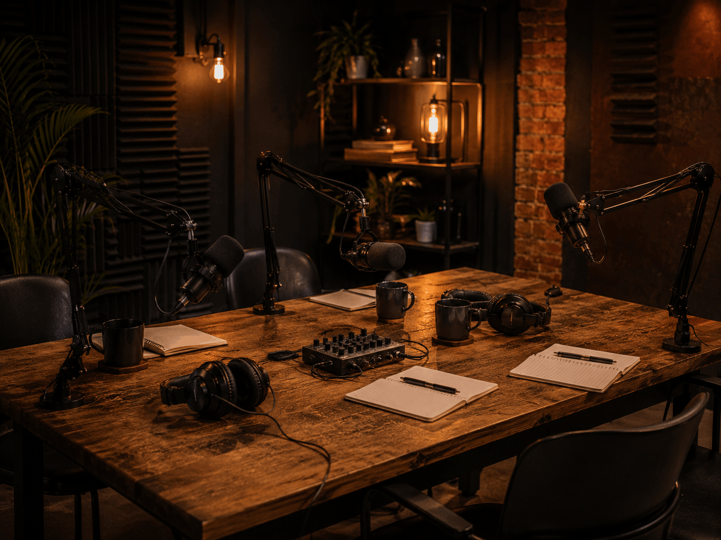 Table podcast avec micros broadcast, casques et lumière ambrée